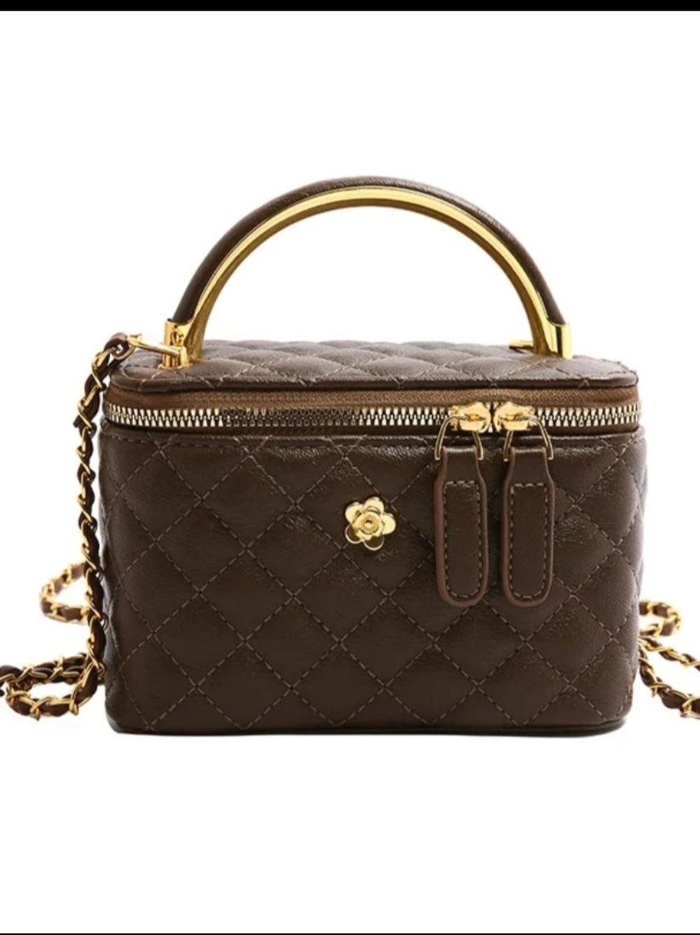 Quilted Brown Crossbody Vanity Bag with Gold Handle